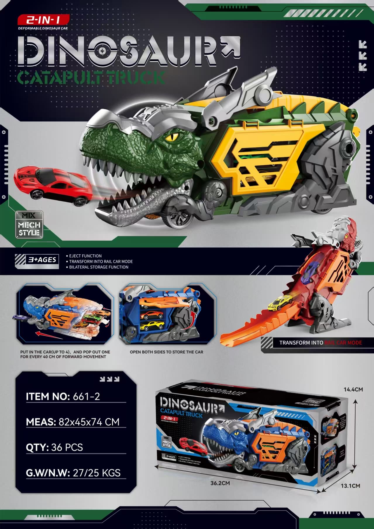 Catapult Dinosaur Car + 2 Tin Cars