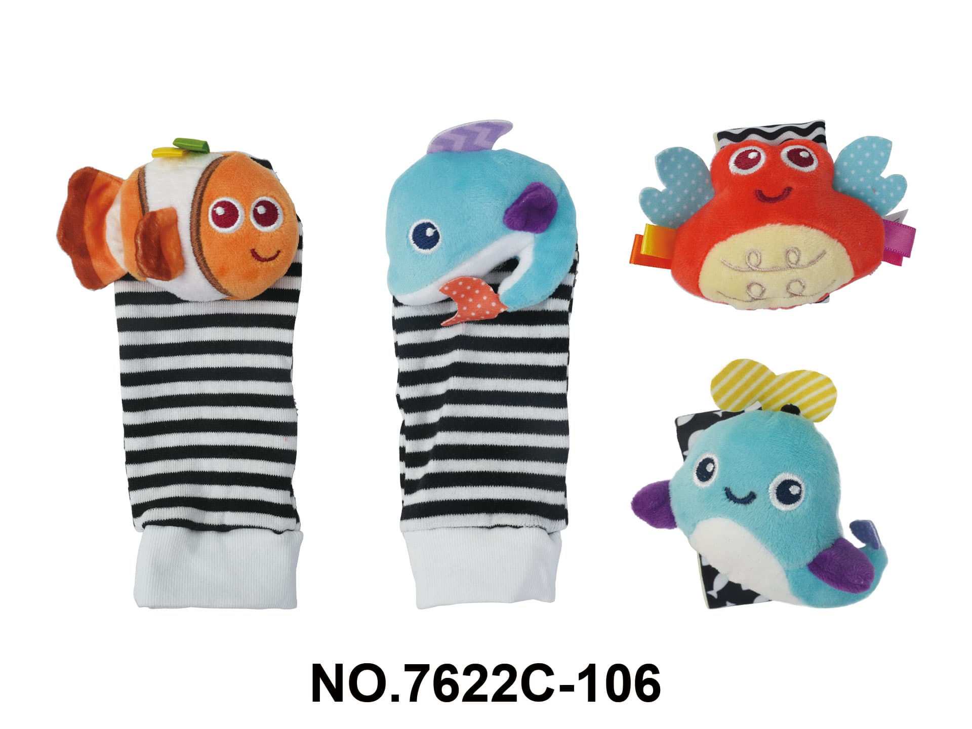 Baby Plush Toy Four-Piece Set - Black and White Striped Sea Animal Wristbands + Rattle Socks