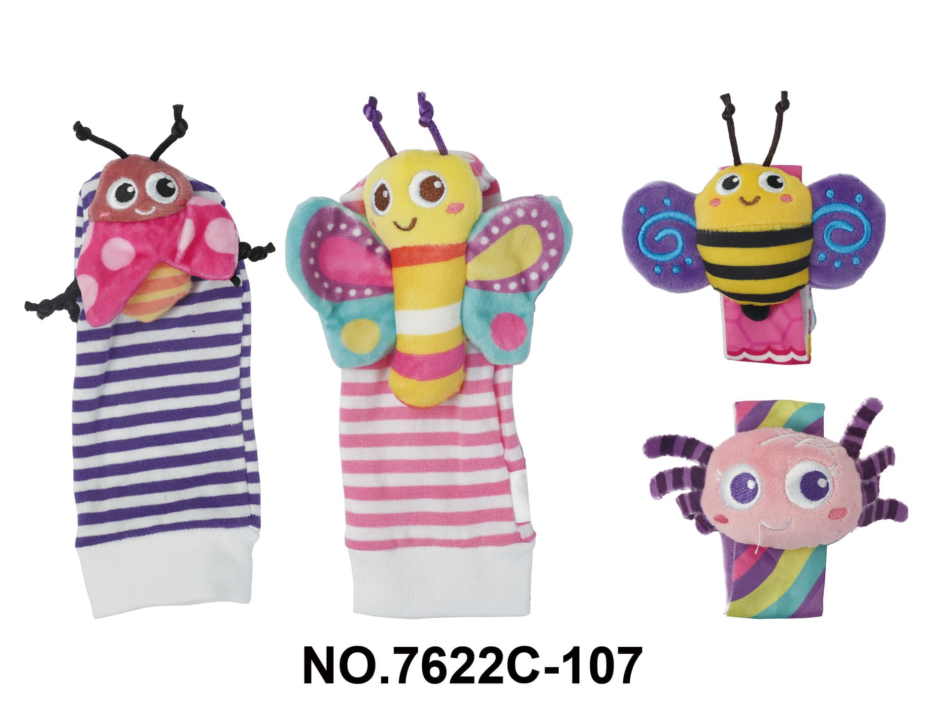 Baby Plush Toy Four-Piece Set - Pink Bee + Ladybug Wristband + Rattle Socks
