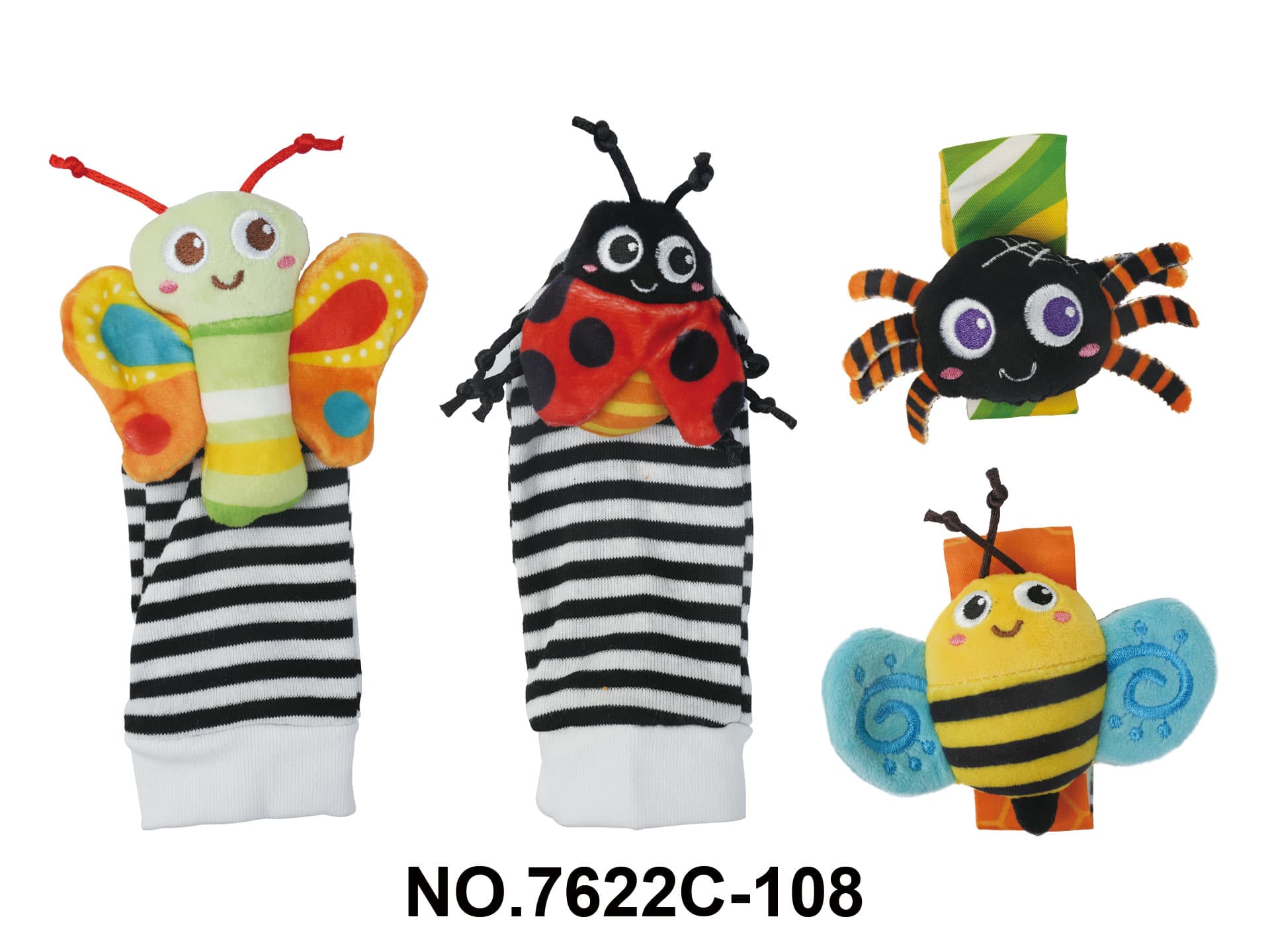 Baby Plush Toy 4-Piece Set - Colorful Bee + Ladybug Wristband + Rattle Socks