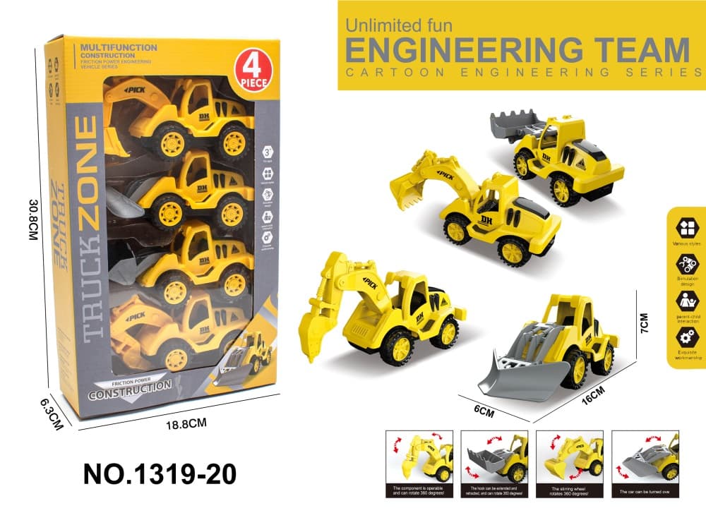 4-Piece City Construction Inertia Toy Cars Set for Boys