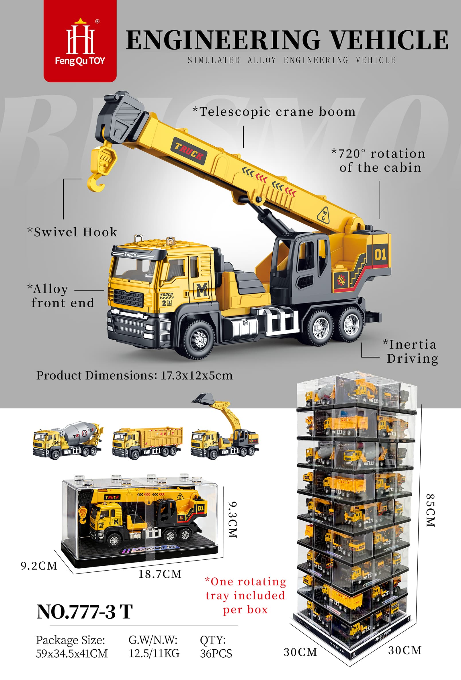 Acrylic Transparent Box with Simulated Alloy Construction Vehicles and Rotating Turntable!