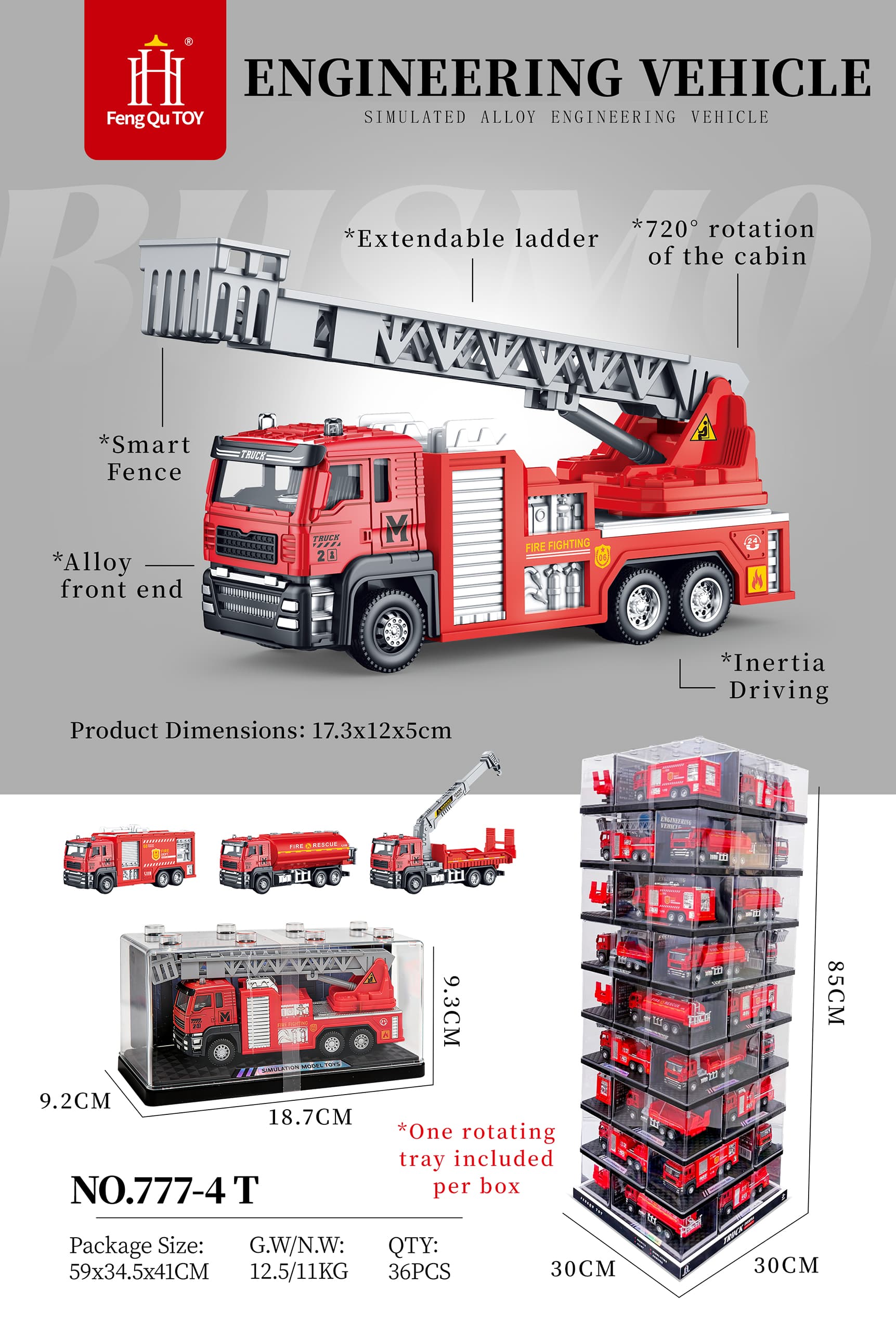 Acrylic Transparent Box Simulated Alloy Fire Truck with Rotating Turret!