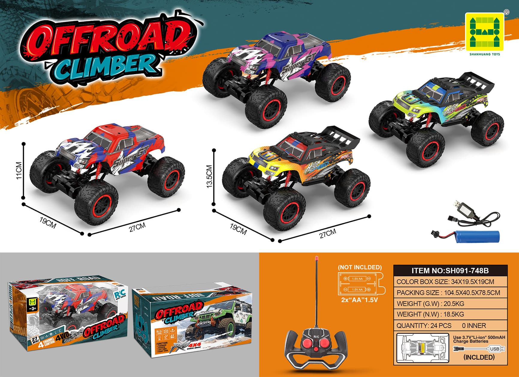 1:16 Scale Light-up Monster Truck RC Car (Includes 3.7V Lithium Battery + USB Charging Cable) with GCC Certification