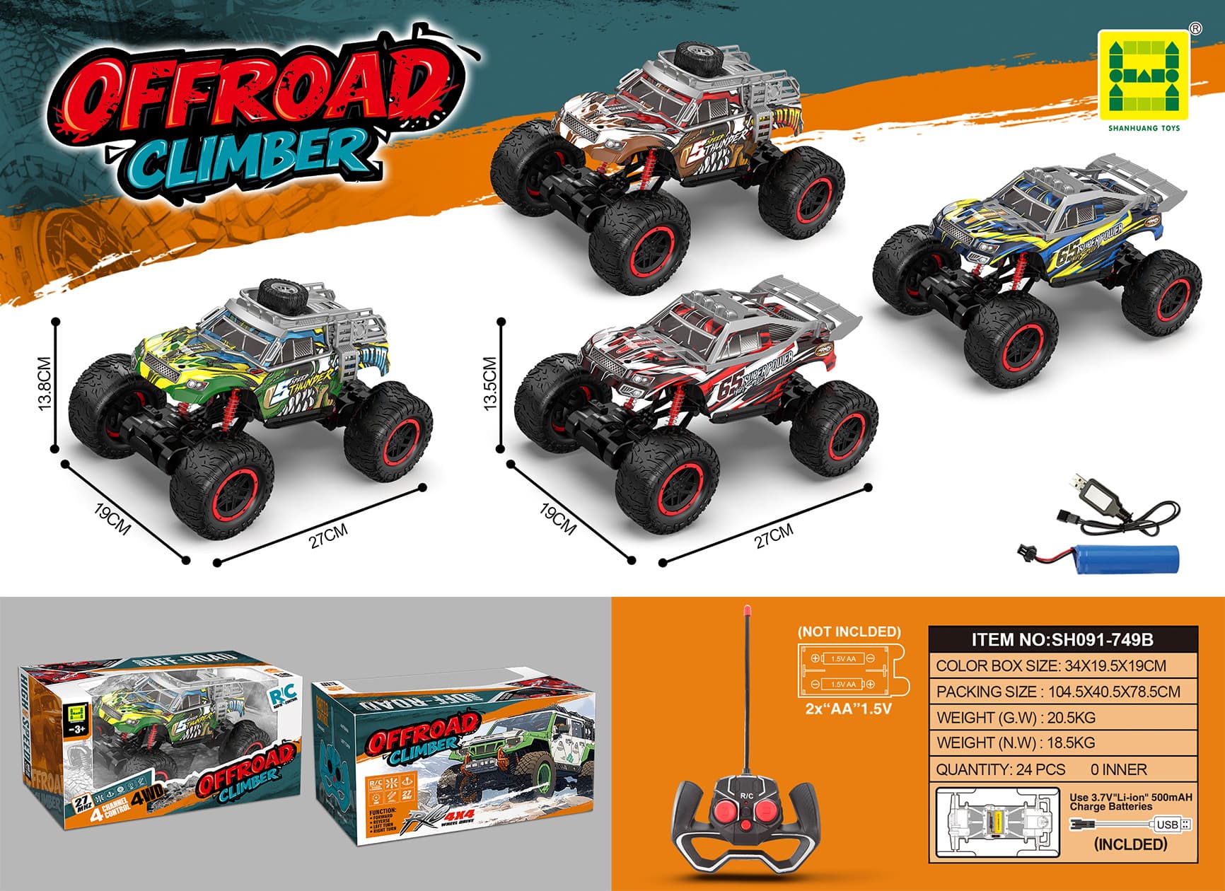 1:16 Scale Light-up Monster Truck RC Car (Includes 3.7V Lithium Battery + USB Charging Cable) with GCC Certification