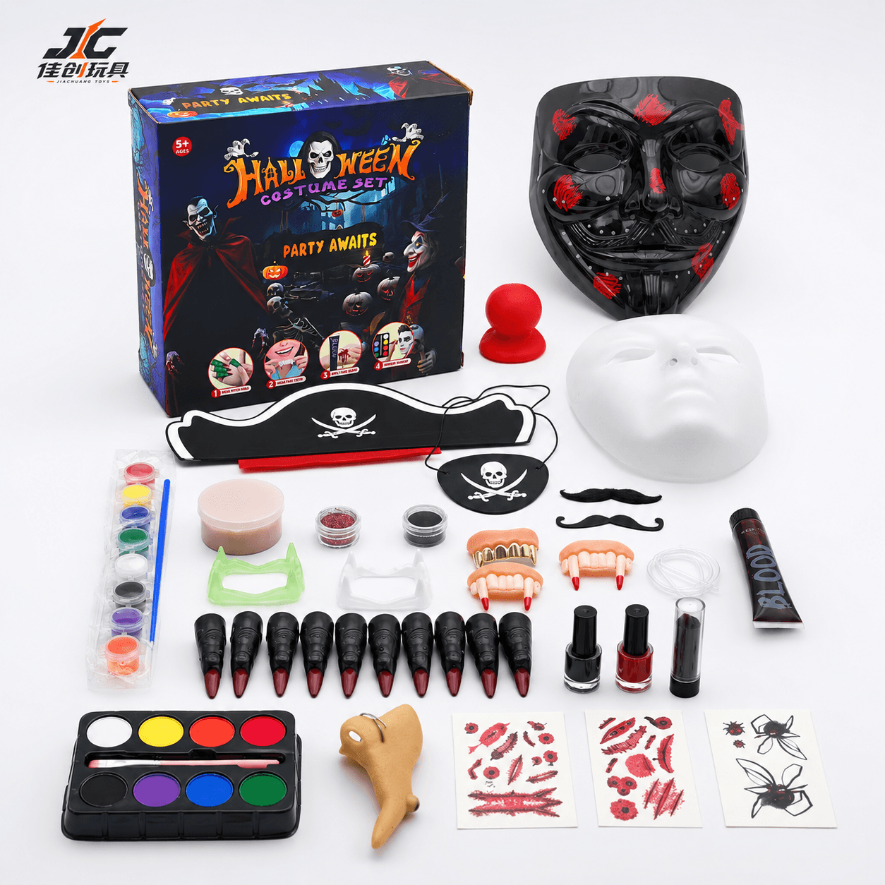 Cross-border Best-selling Halloween Party Costume Set: Scary Face Makeup Kit with Fake Blood, Scar Wax, Face Paint, and Fake Teeth (Halloween Scary Face Mask, Kids' Makeup, Realistic Cosmetics for COS and Costume Parties)
