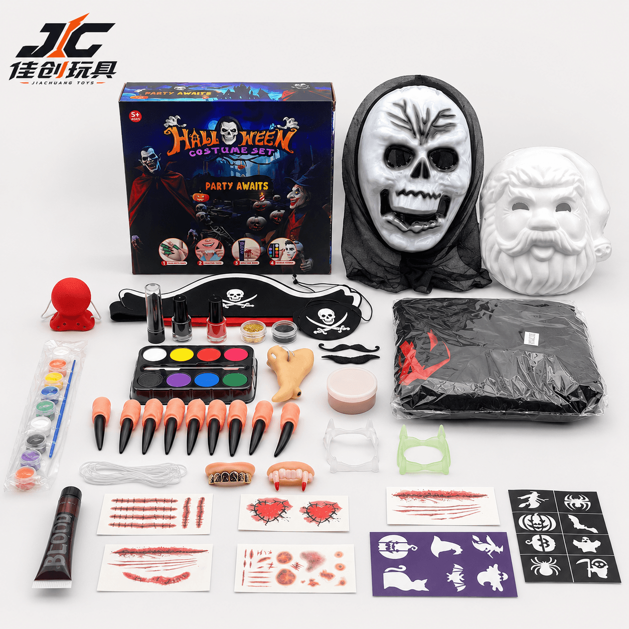 Cross-border Best-selling Halloween Party Costume Set - Skeleton King Outfit with Face Paint, Scar Stickers, Fake Blood, and False Teeth (Halloween Scary Face Mask, Children's Makeup, Simulated Cosmetics, COS Costume Party)