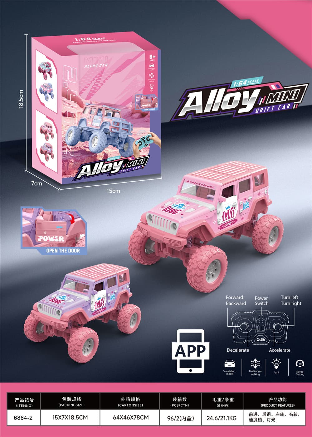 1:64 2.4G Lighted Wrangler Alloy 6-Channel Remote Control Car with Battery - Pink/Light Pink