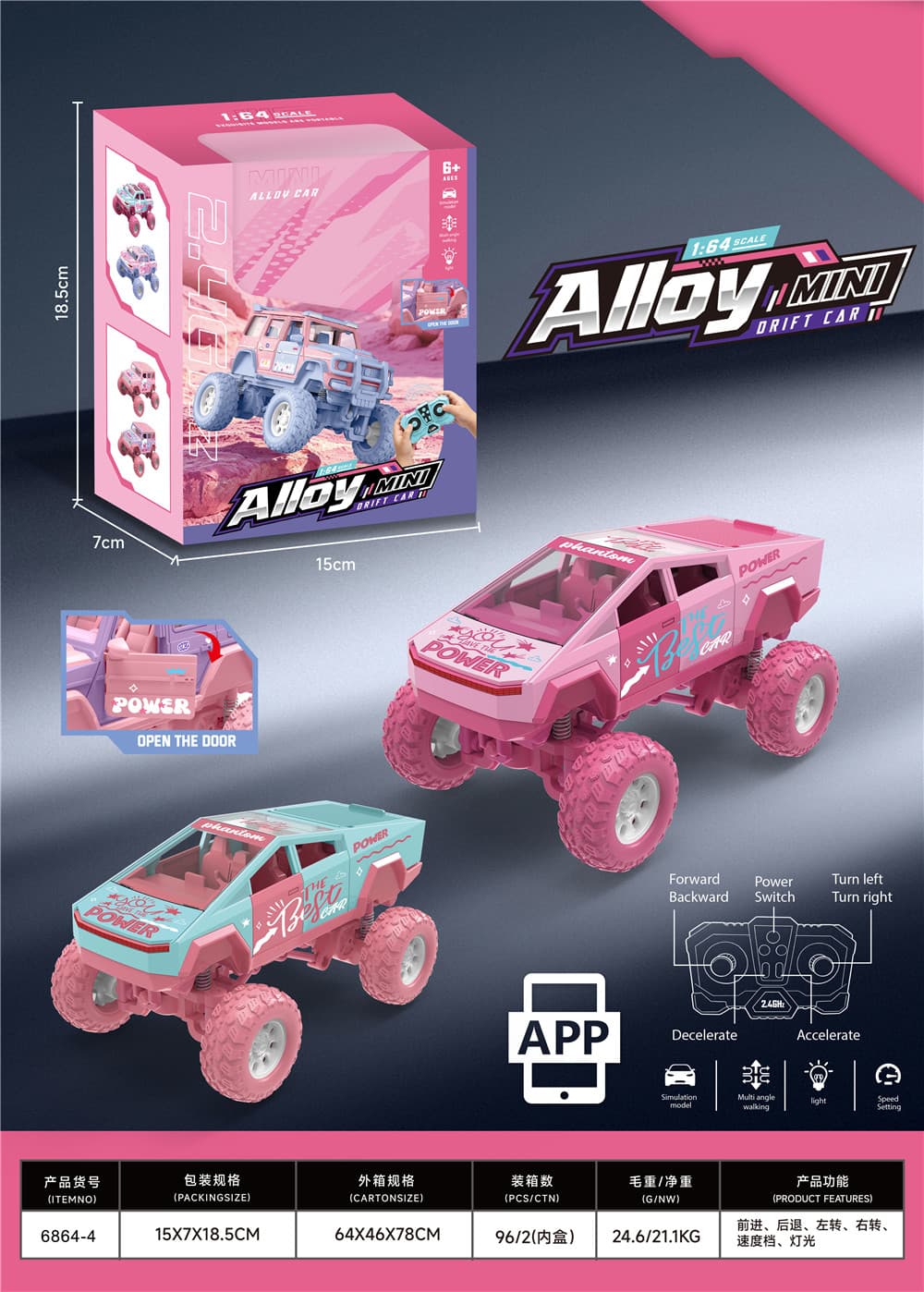 1:64 2.4G Light-up Tesla Alloy 6-Channel Remote Control Car / Battery Included / Powder Green / Pink