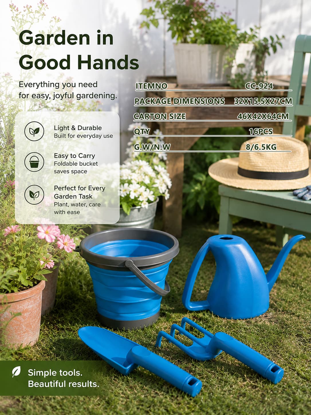 Gardening Tool Set: Watering Can, Collapsible Bucket, Shovel, and Rake (4-Piece)