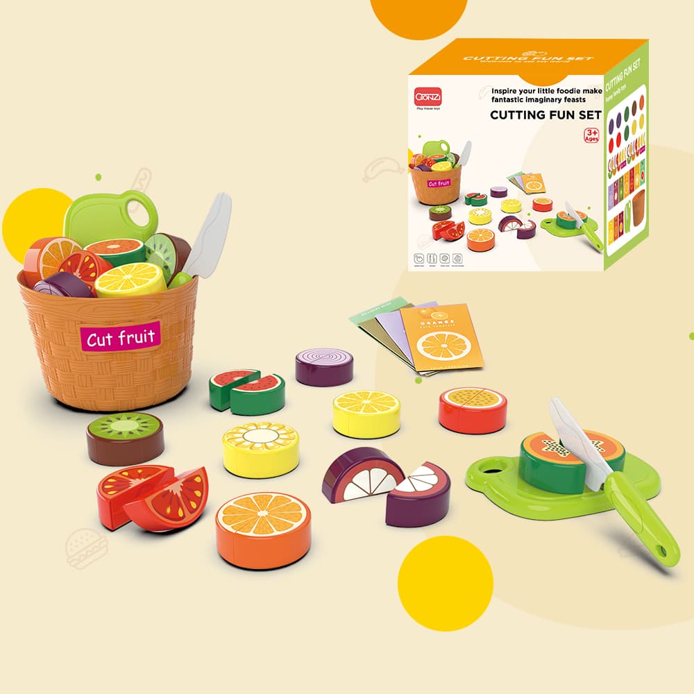 Barrel of Fruit Cut 23-Piece Set, Slice and Play, Simulated Fruits and Vegetables Semi-Circle Slices, Role-Play Cutting Toy