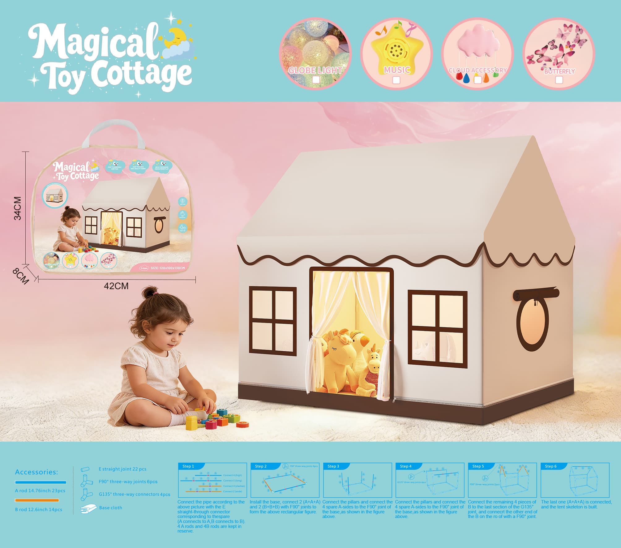 Children's Tent Play Tent Beige Apricot Kids Playhouse Exclusive Play Paradise Hut Wukong House with 4 Accessories PVC Tote Bag