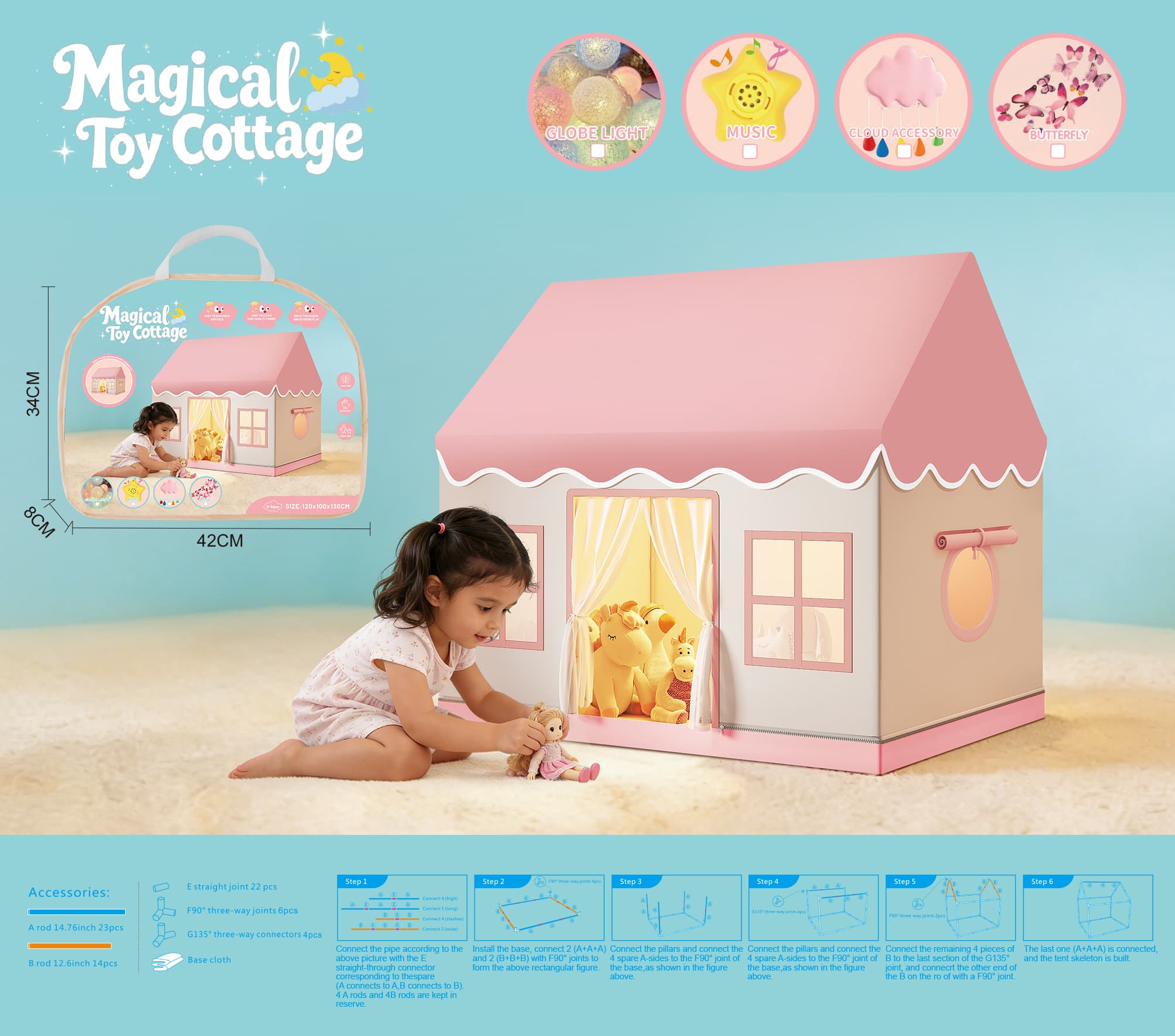 Kids Tent Play Tent - Pink Wukong House Macaron Pink Children's Playhouse Exclusive Play Paradise Cottage with Butterfly Sticker Accessories PVC Tote Bag