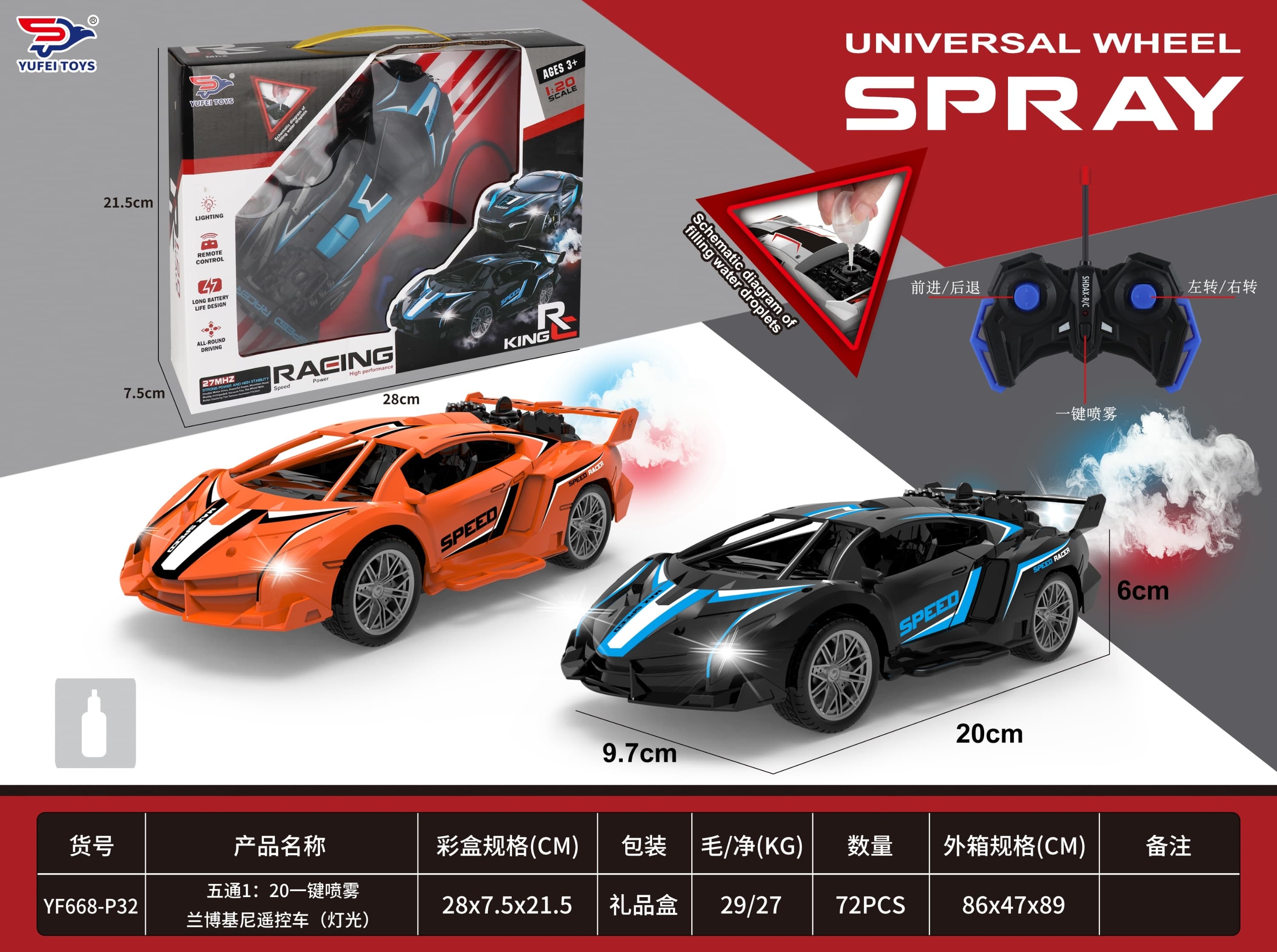 1:20 Scale 5-Channel Remote Control Lamborghini Car with One-Touch Spray (Lighting)
