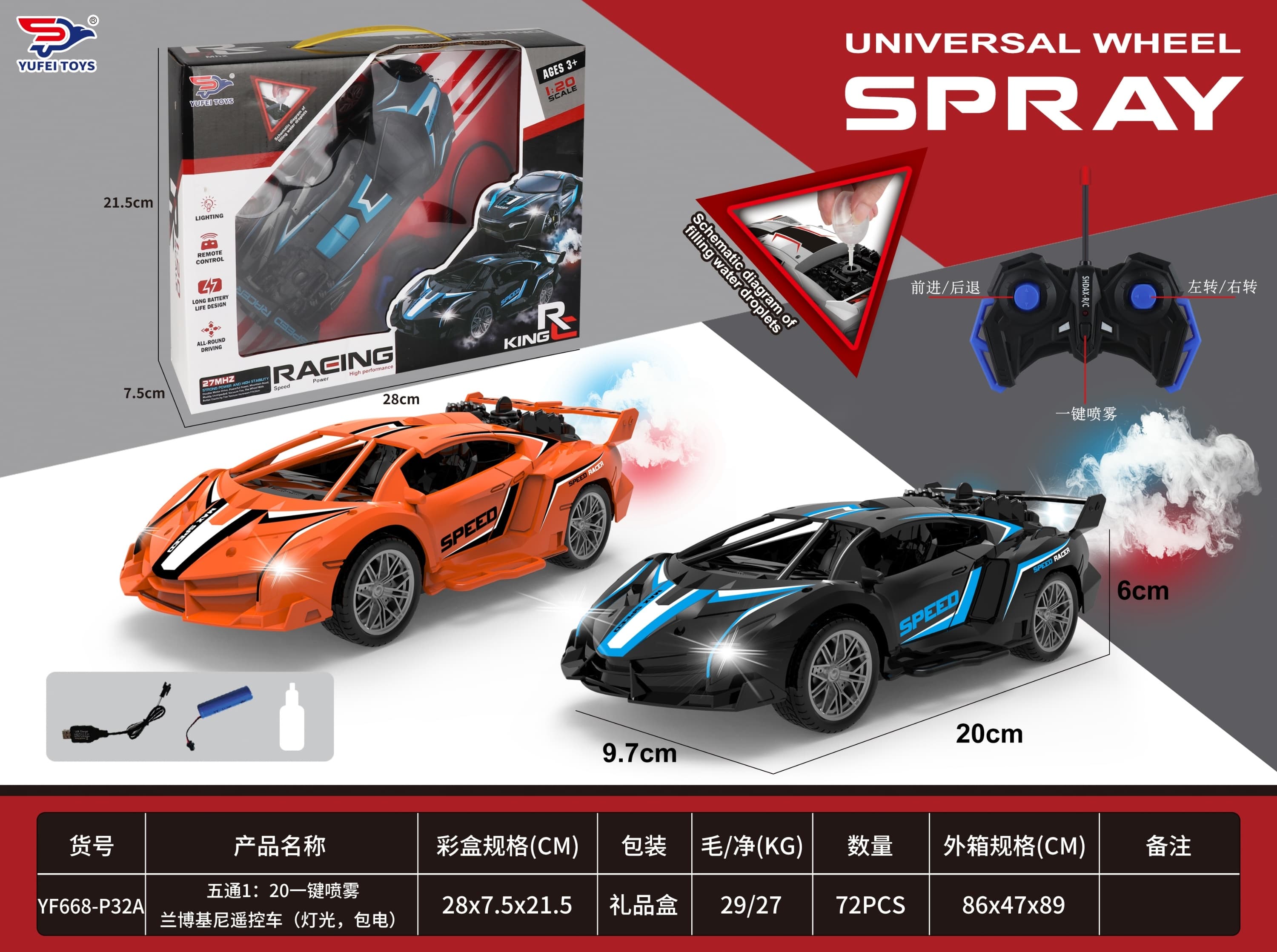 5-Channel 1:20 Scale Lamborghini Remote Control Car with One-Touch Spray and Light (Battery Included)