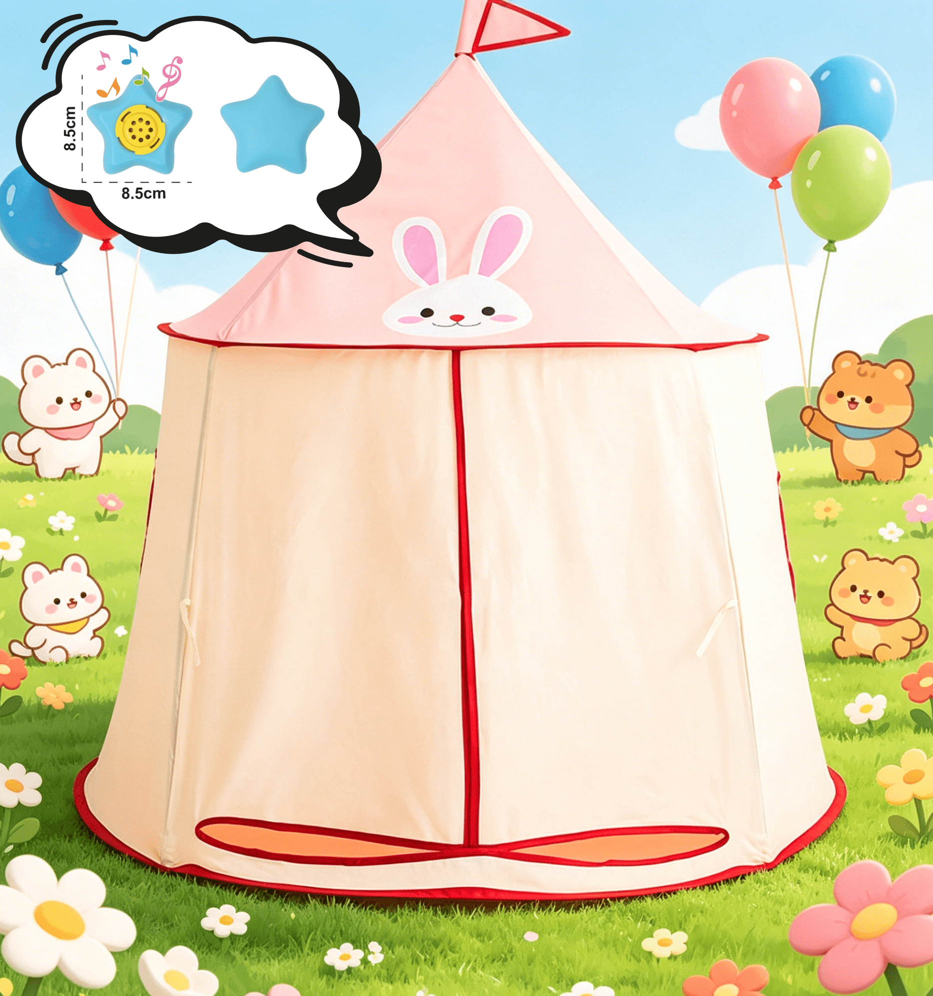 White Cartoon Cute Little White Rabbit Yurt Foldable Children's Pretend Play Tent with Blue Stars (Includes Music)