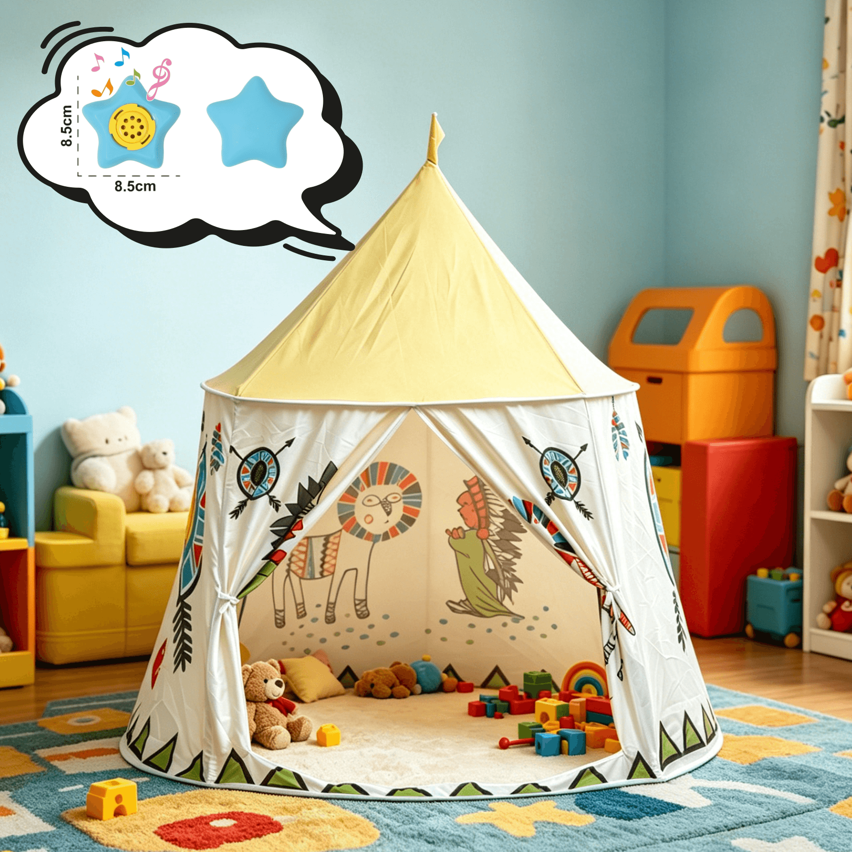 Yellow Cartoon Indian Yurt Foldable Play Tent for Kids with Blue Stars (Includes Music)