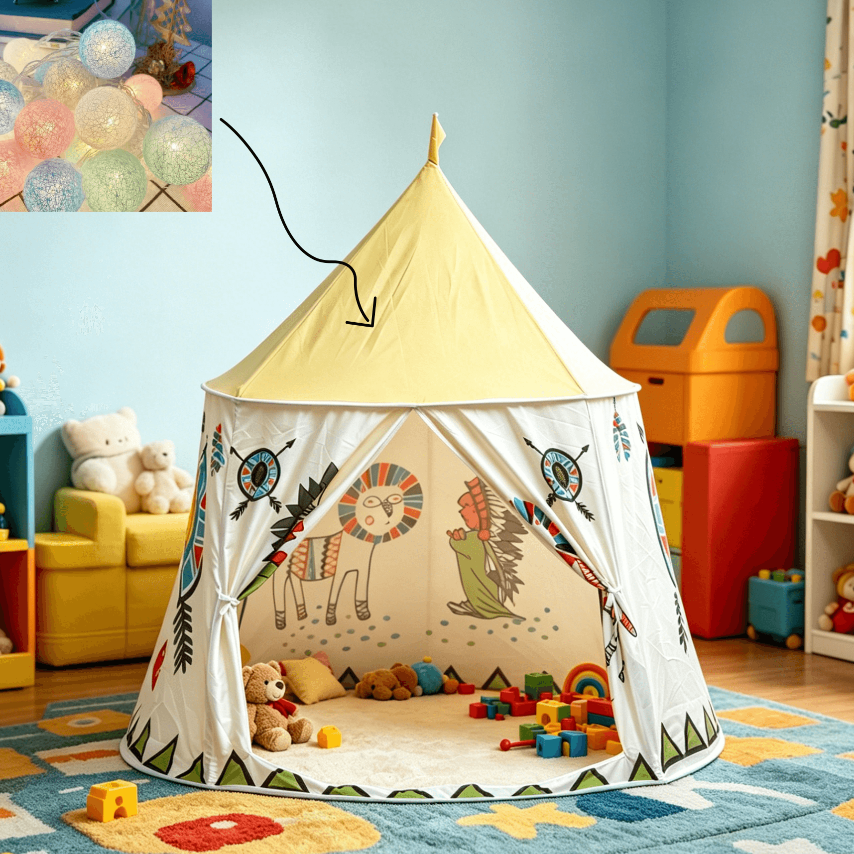 Yellow Cartoon Indian Yurt Foldable Play Tent for Kids with Cotton Ball Lights