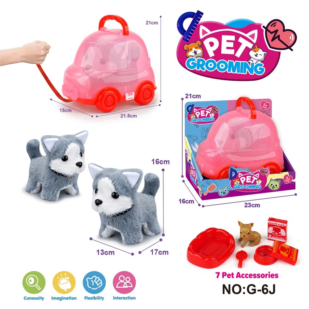 Red Pull String Car with Electric Walking Plush Husky (Single Color) + Accessories