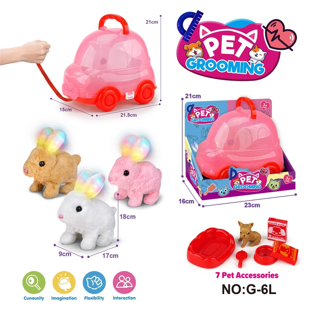 Red Pull String Car with Electric Walking Light-Up Rabbit (3 Colors) + Accessories