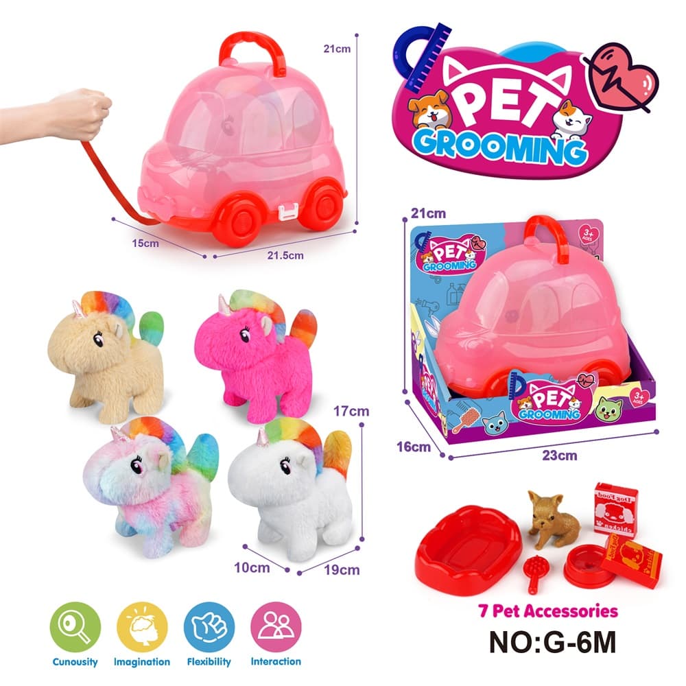Red Pull String Car with Electric Walking Unicorn (4 Colors) + Accessories