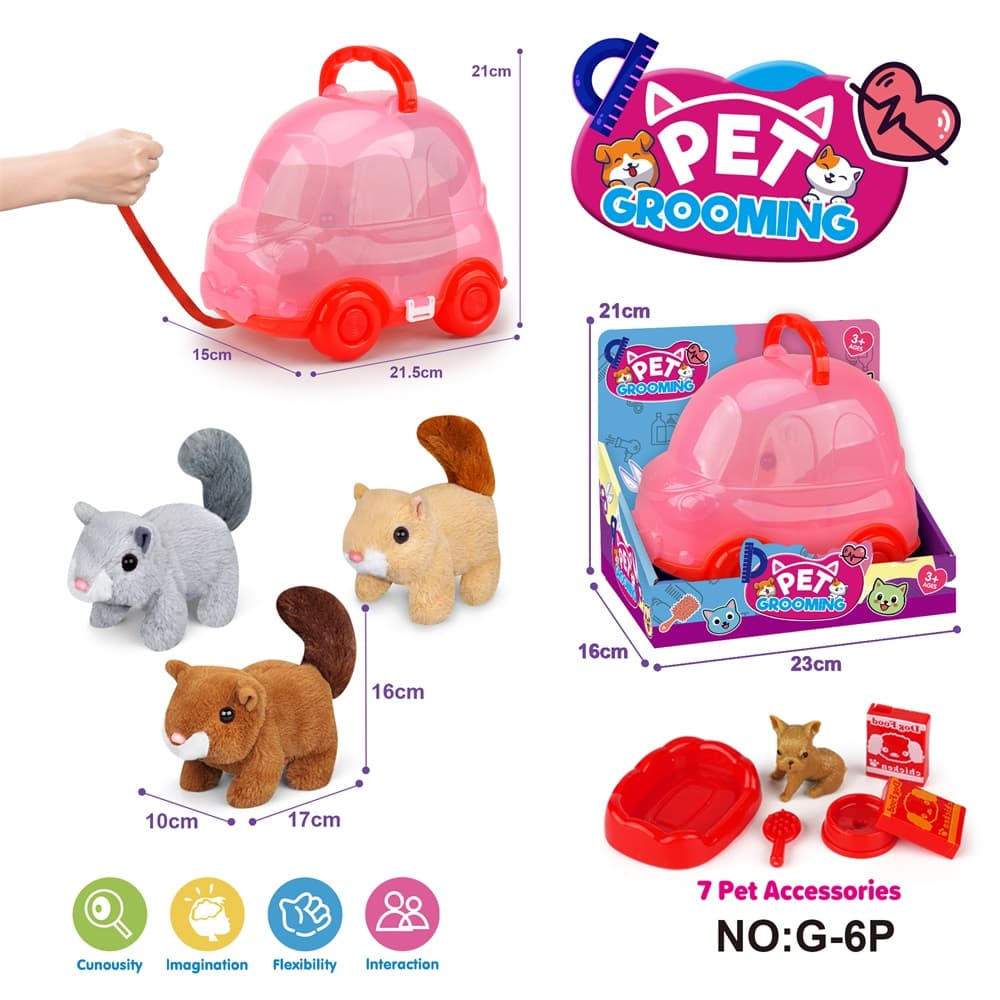 Red Pull String Car with Electric Walking Squirrel (3 Colors) + Accessories