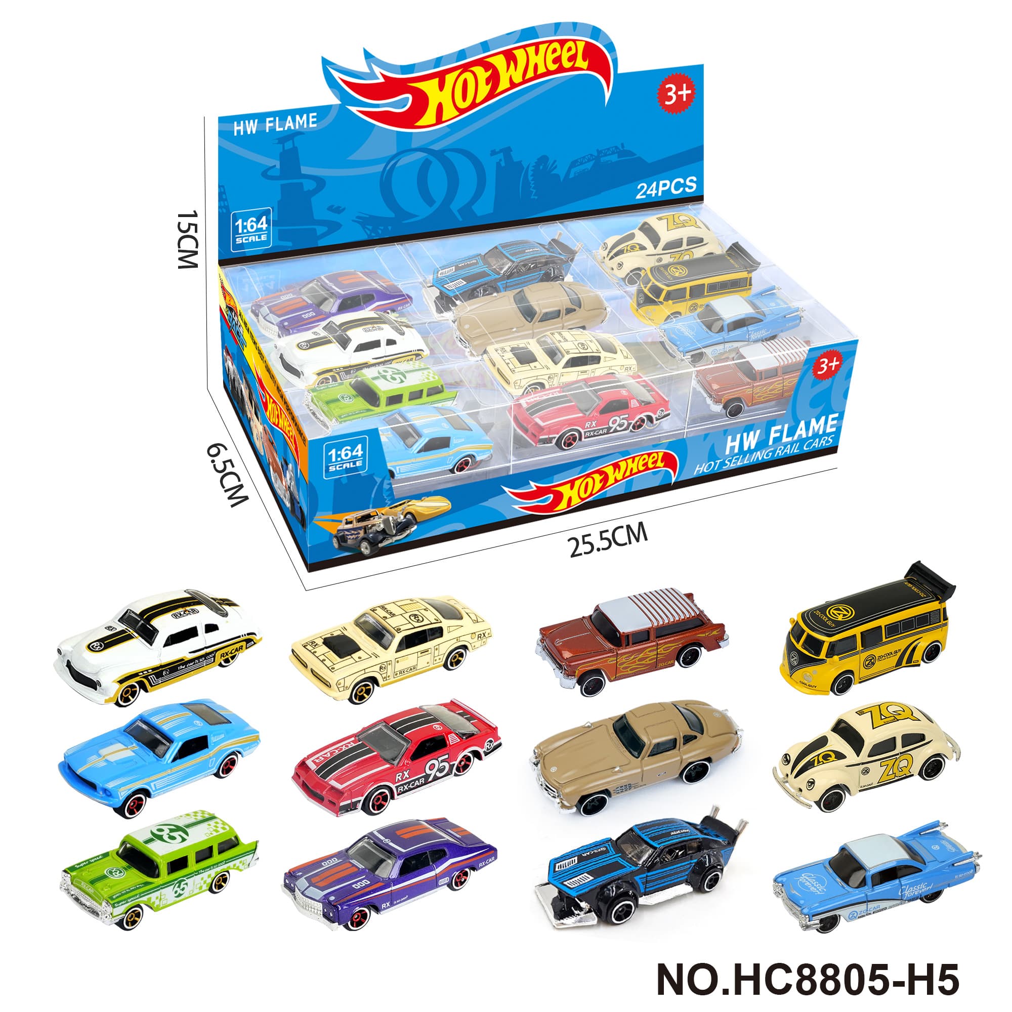 1:64 Hot Wheels 12 Styles Alloy Car 24pcs Display Box (Racing, Sports Car, Bus, Vintage Car)