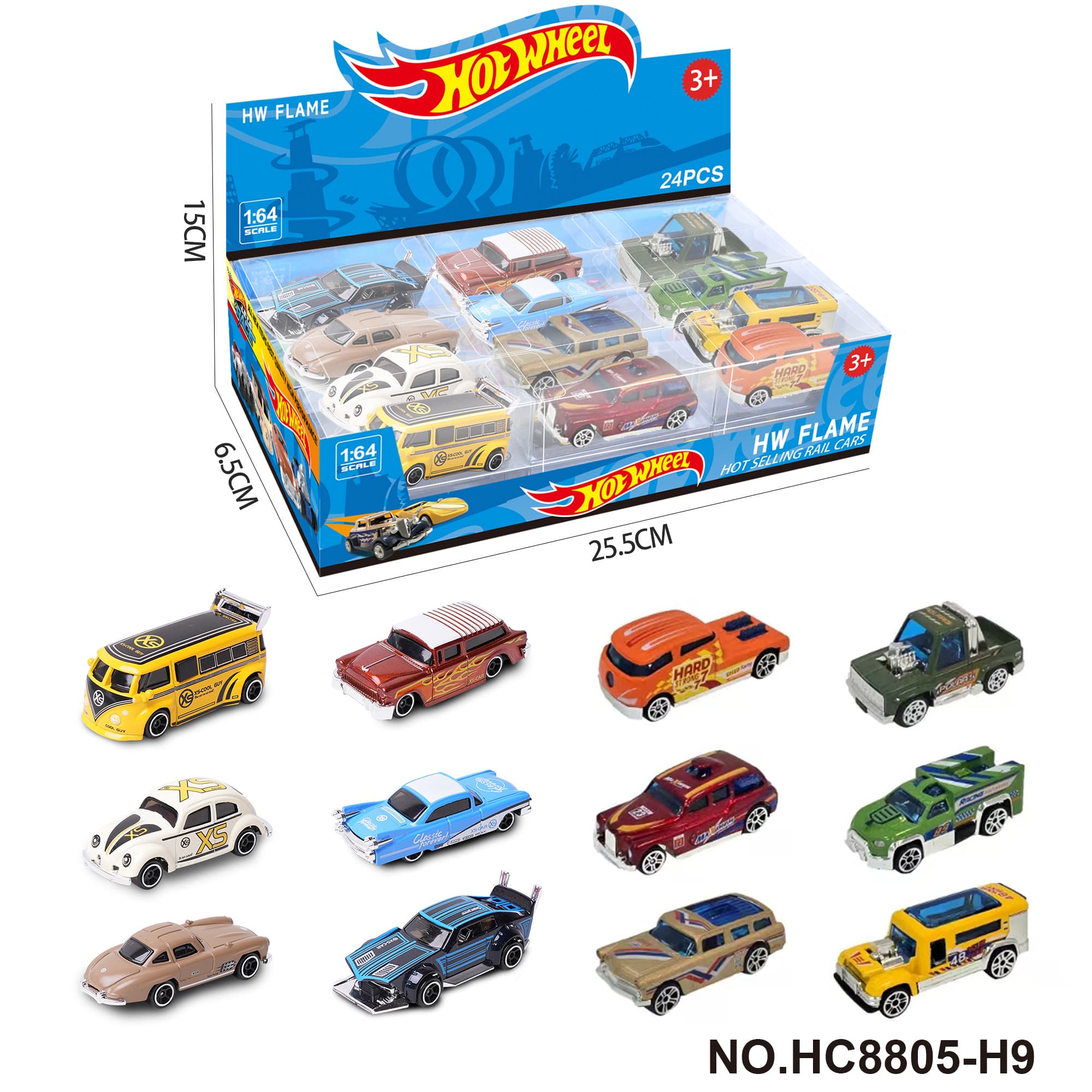1:64 Hot Wheels 12 Styles Alloy Car 24pcs Display Box (Racing, Beetle, Muscle Car, Pickup, Vintage, Bus)