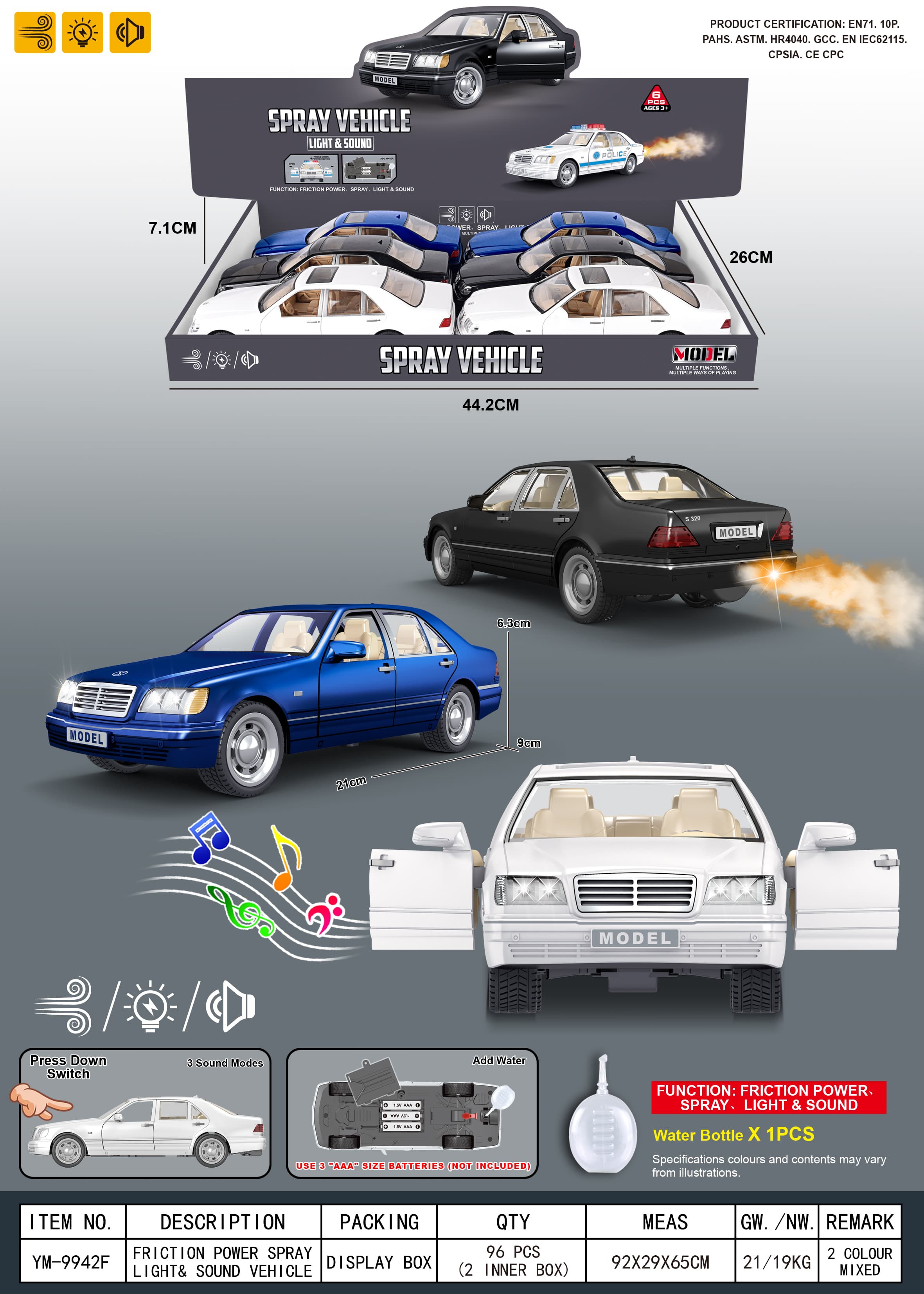 Inertial/Openable Doors/Lights/Music/Spray/Classic Mercedes-Benz S320 Simulation Car (with Water Bottle)