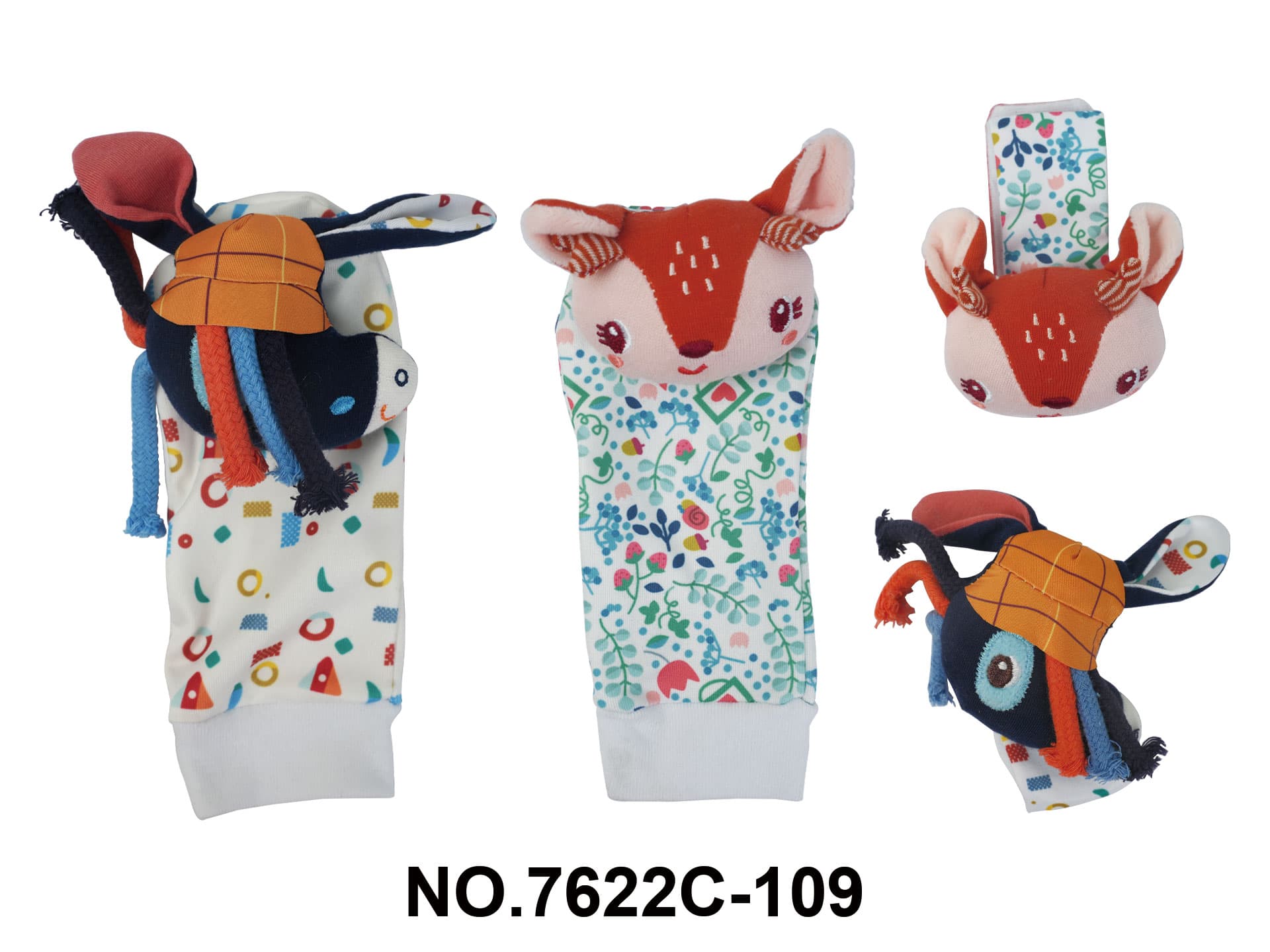 Baby Plush Toy 4-Piece Set - Deer + Bird Wristband + Rattle Socks