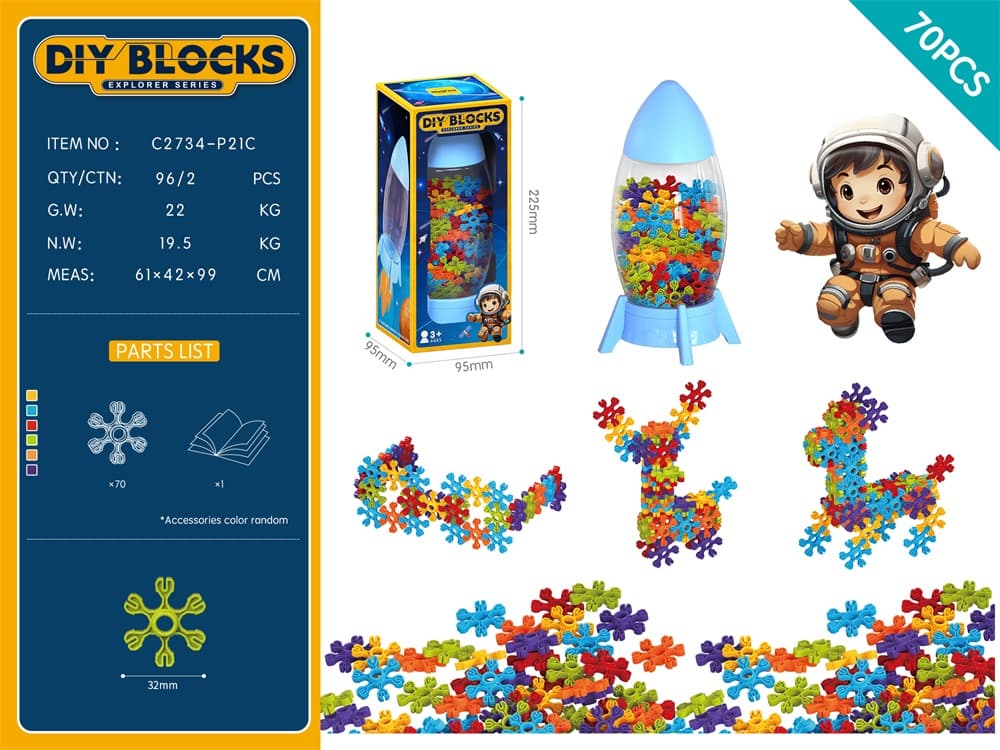 DIY 3D Colorful Building Blocks - Approx. 70PCS/Rainbow Colors/Rocket Storage Box